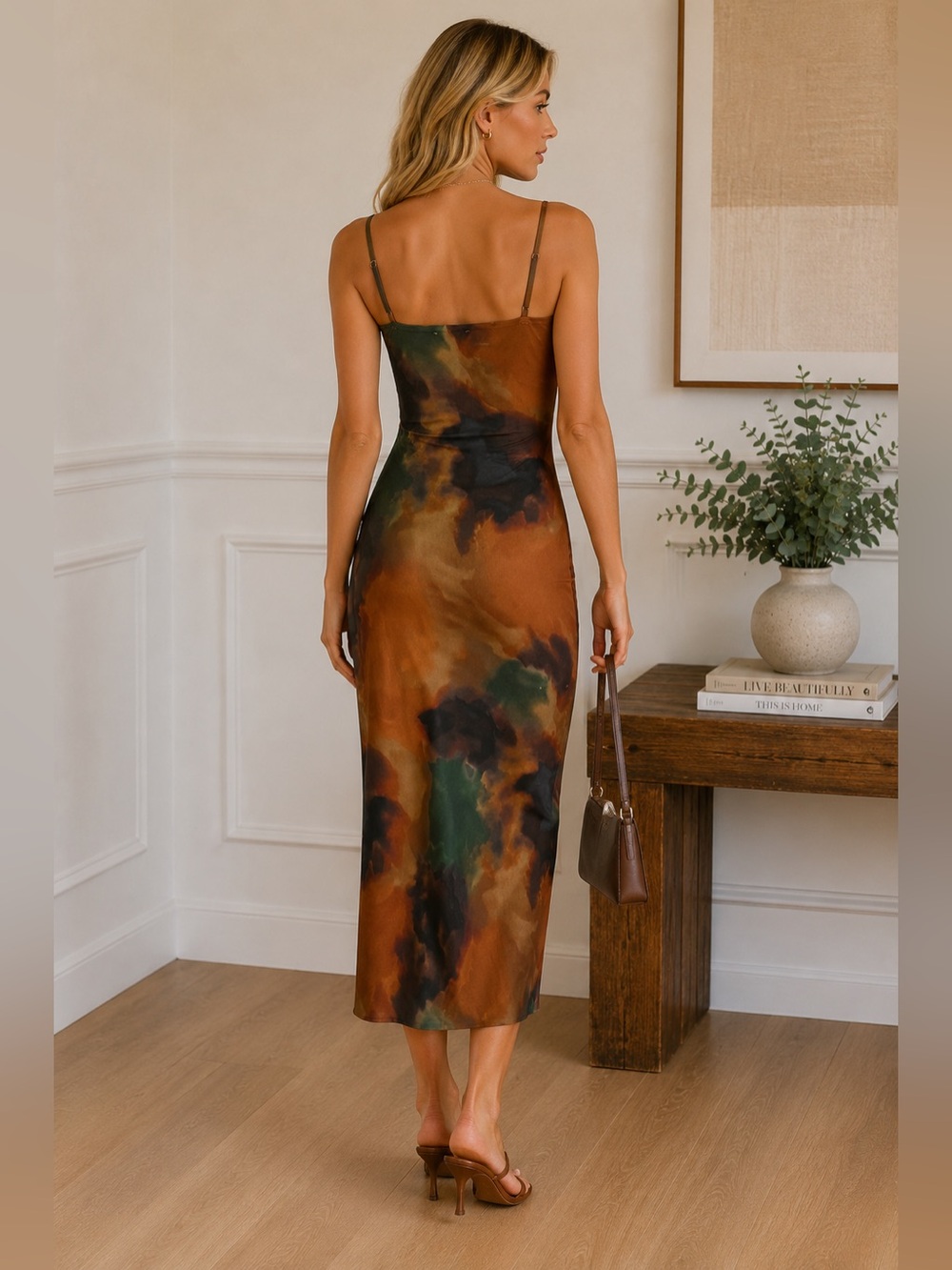 Zara Abstract Print Satin Midi Dress Brown Green Bodycon Slip Dress | Size S - Picture 3 of 13